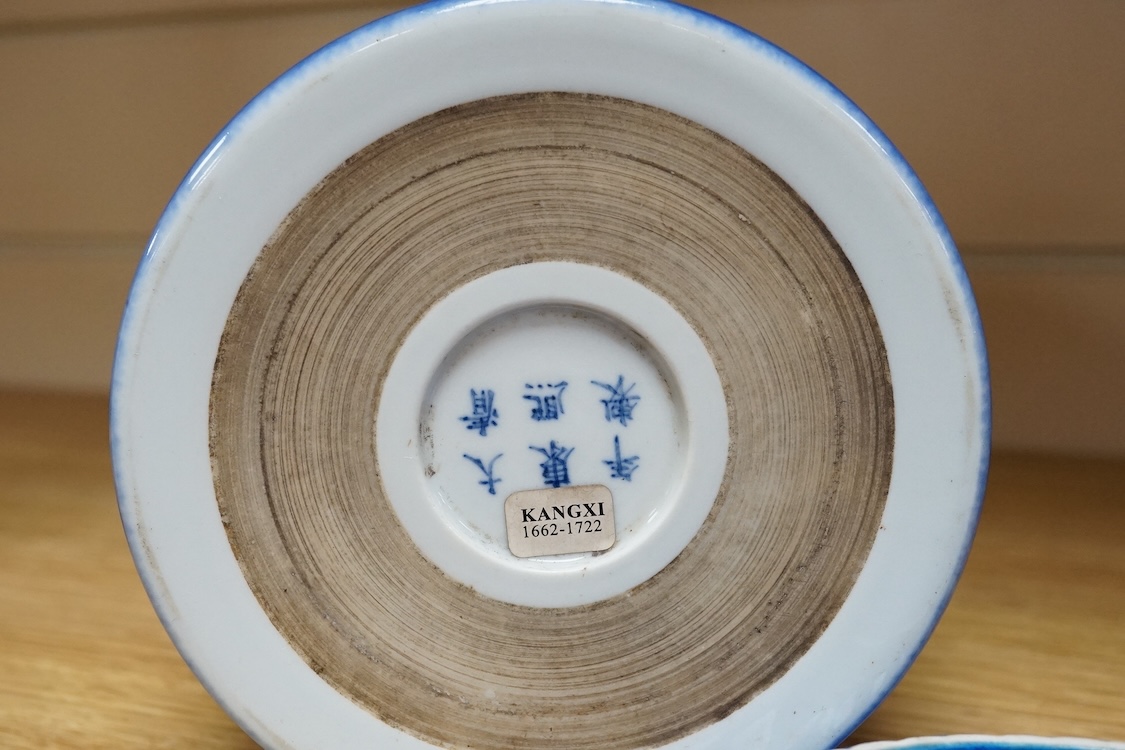A Chinese blue glazed cylindrical brush pot, Kangxi mark but later, a similar saucer, Qianlong mark but later and a terracotta jug, 21cm